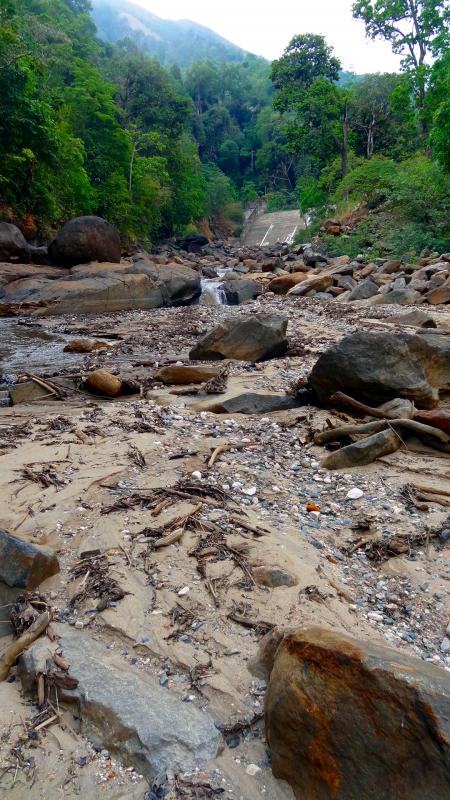 View of the dewatered stretch of the same river below the weir of a small hydropower project in the Western Ghats of Karnataka.