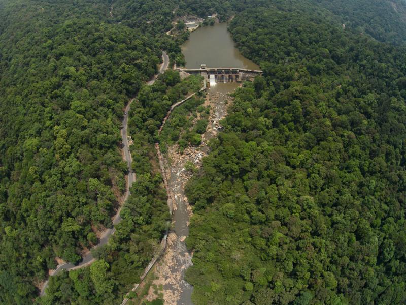 Arial view of a small hydropower project in the Western Ghats of Karnataka